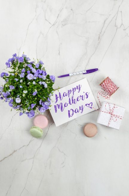 happy mother’s day note surrounded by gifts