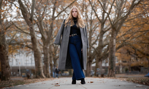 Woman layering long gray coat